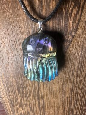 Rainbow Labradorite Jellyfish Pendant Necklace on Sterling Silver Bail and Chain